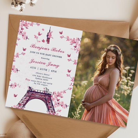 Floral Paris Eiffel Tower Baby Dusche Party Foto Einladung