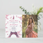 Floral Paris Eiffel Tower Baby Dusche Party Foto Einladung (Stehend Vorderseite)