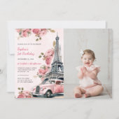 Floral Paris Eiffelturm 1. Geburtstag Foto Einladung (Vorderseite)