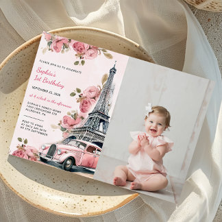 Floral Paris Eiffelturm 1. Geburtstag Foto Einladung