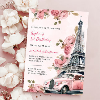 Floral Paris Eiffelturm 1. Geburtstag Party Einladung