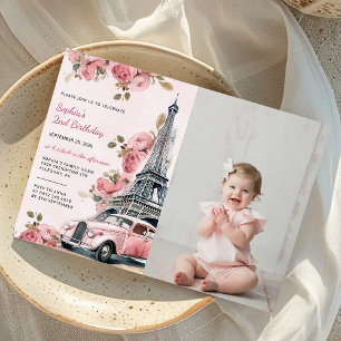 Floral Paris Eiffelturm 2. Geburtstag Foto Einladung