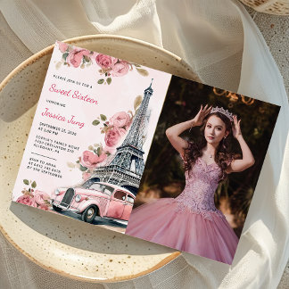 Floral Paris Eiffelturm Sweet 16 Geburtstag Foto Einladung