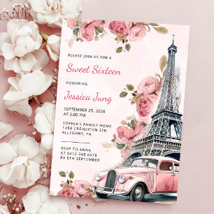 Floral Paris Eiffelturm Sweet 16 Geburtstagsparty Einladung