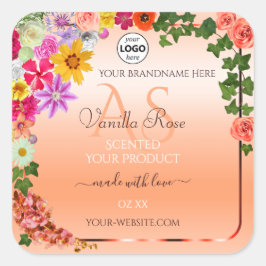 Floral Pastel Lachs Produktmarken Monogram Logo Quadratischer Aufkleber