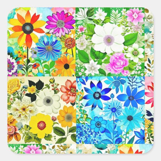 Floral Patchwork Art Watercolor Flowers Quadratischer Aufkleber (Vorderseite)