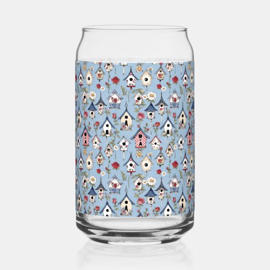 Floral Patchwork Birdhouses & Sky Blue Background Dosenglas (Vorderseite)