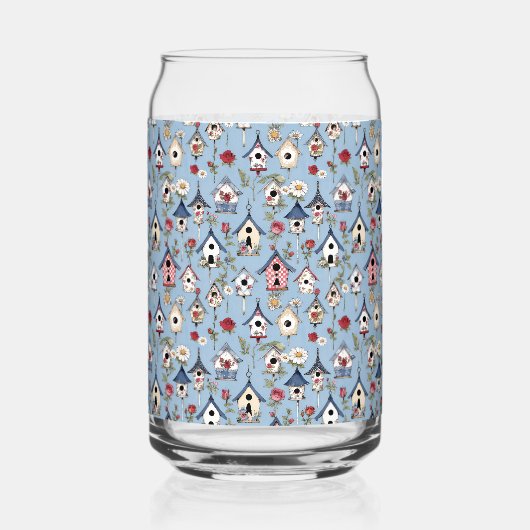 Floral Patchwork Birdhouses & Sky Blue Background Dosenglas (Rückseite)