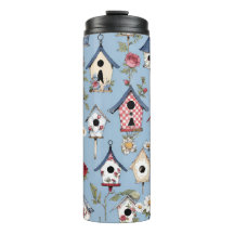Floral Patchwork Birdhouses & Sky Blue Background