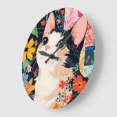 Floral Patchwork Cat Große Wanduhr (Winkel)
