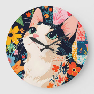 Floral Patchwork Cat Große Wanduhr