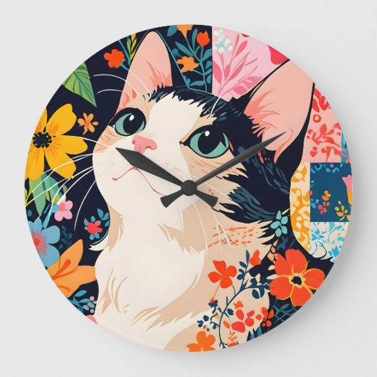 Floral Patchwork Cat Große Wanduhr (Vorderseite)