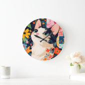 Floral Patchwork Cat Große Wanduhr (Zuhause)
