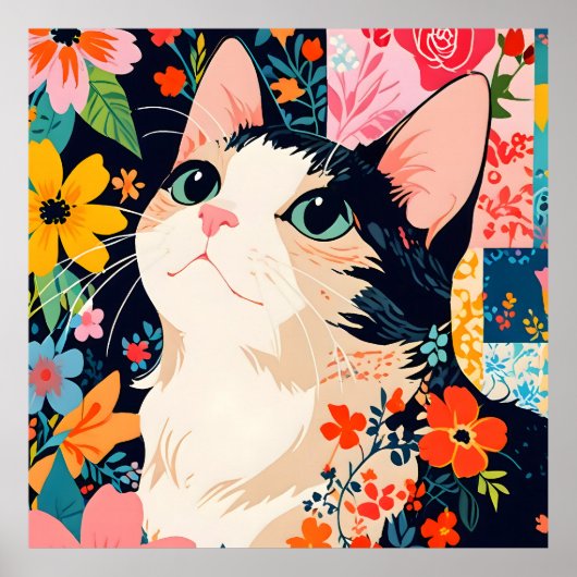 Floral Patchwork Cat Poster (Vorne)