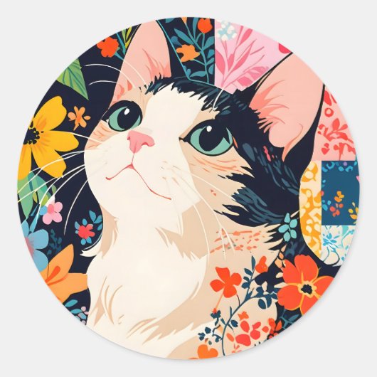 Floral Patchwork Cat Runder Aufkleber (Vorderseite)