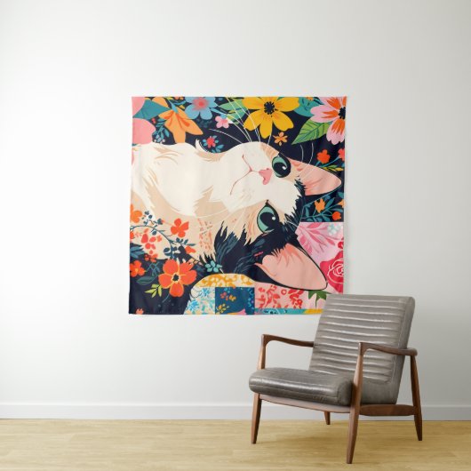 Floral Patchwork Cat Wandteppich (Beispiel (Horizontal))