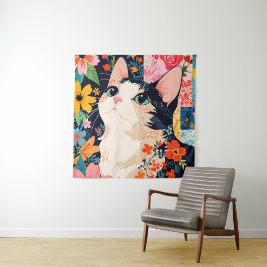 Floral Patchwork Cat Wandteppich (Beispiel)