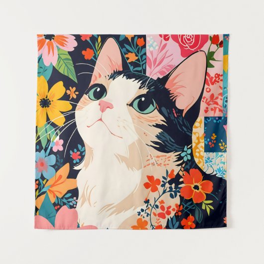 Floral Patchwork Cat Wandteppich (Vorderseite)