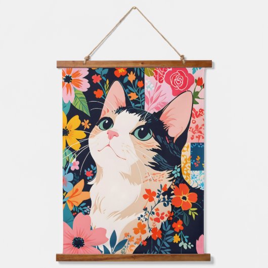 Floral Patchwork Cat Wandteppich Mit Holzrahmen (Vorderseite)