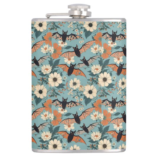 Floral Patchwork Halloween Bats & Flowers Flachmann (Vorderseite)