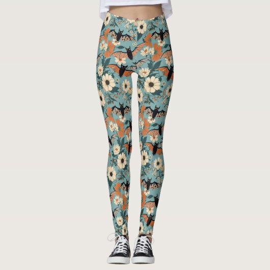 Floral Patchwork Halloween Bats & Flowers Leggings (Vorderseite)