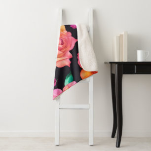 Floral Patern Rose Sherpa Blanket Sherpadecke
