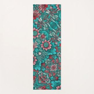 Floral Pattern, Aqua, Teal, Turquoise and Gray Yogamatte