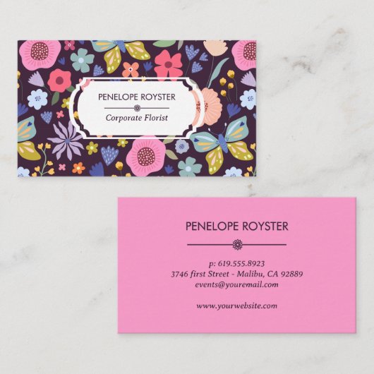 Floral Pattern Dark Plum & Mauve Business Card Visitenkarte (Vorne/Hinten)
