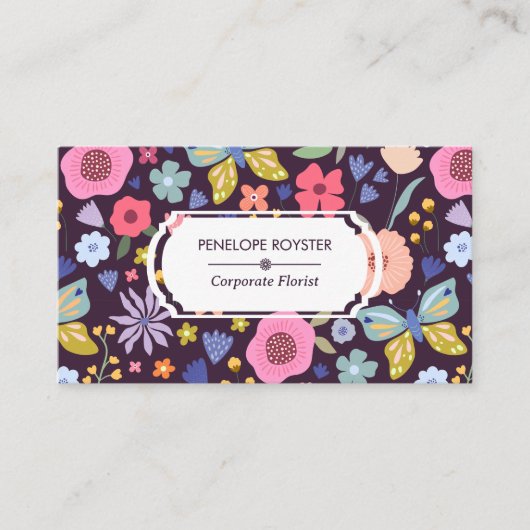 Floral Pattern Dark Plum & Mauve Business Card Visitenkarte (Vorderseite)