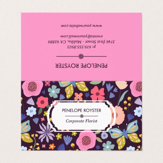 Floral Pattern Dark Plum & Mauve Business Card Visitenkarten (Außenseite Aufgefaltet)