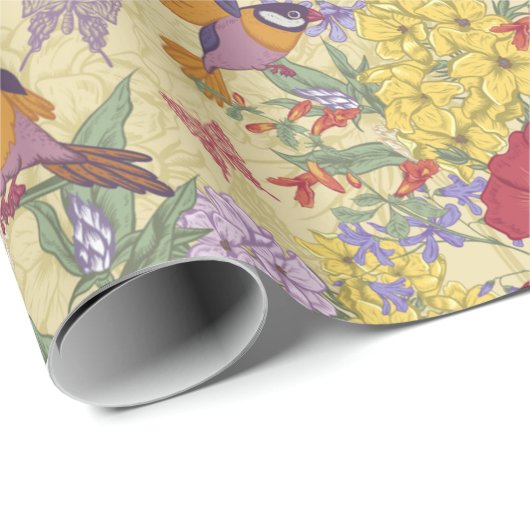 Floral Pattern Hydrangea Lilac Bluebell Birds Geschenkpapier (Rolleneckpunkt)