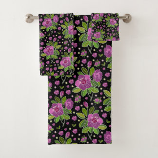 Floral Pattern Lilac Pink Green Black Badhandtuch Set