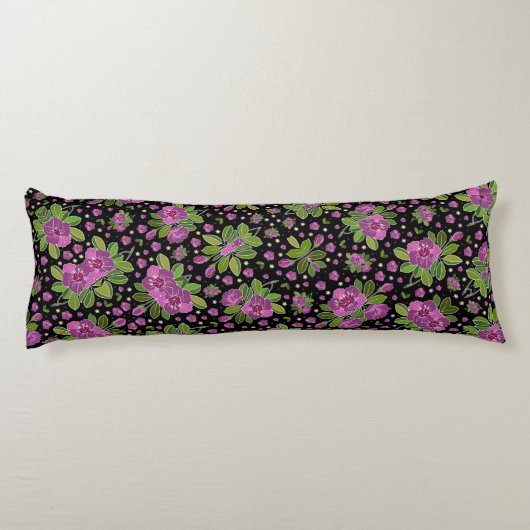 Floral Pattern Lilac Pink Green Black Seitenschläferkissen (Rückseite)