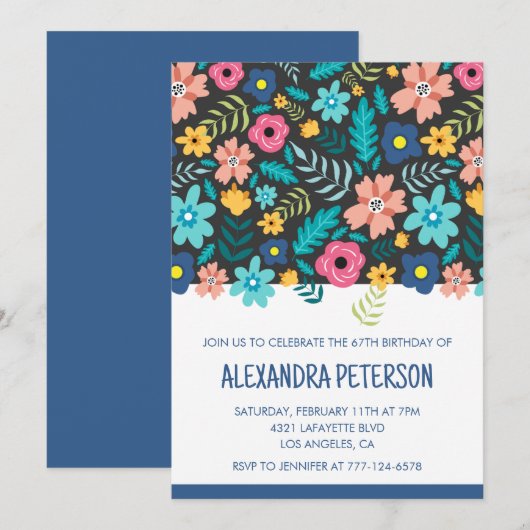 Floral Pattern Navy 67. Geburtstag Einladung (Vorne/Hinten)