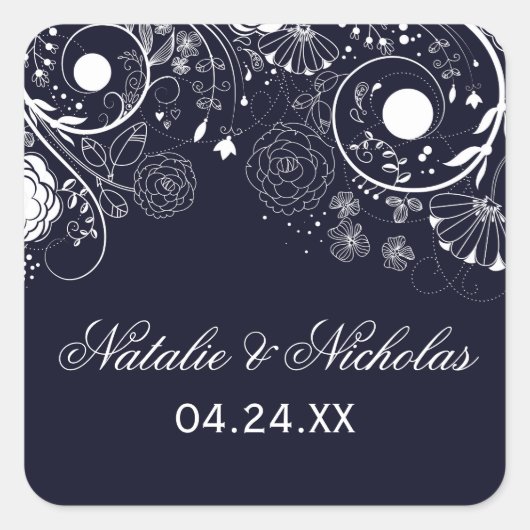 Floral Pattern Navy/White - Square Sticker (Vorderseite)