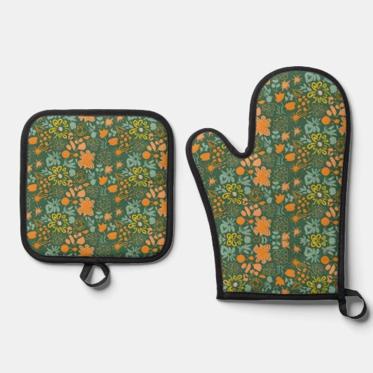 Floral pattern on a dark green background  ofenhandschuh & Topflappen-Set (Vorderseite)