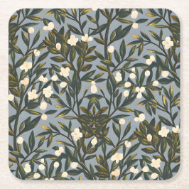 Floral pattern on  dusty blue-gray background rechteckiger pappuntersetzer