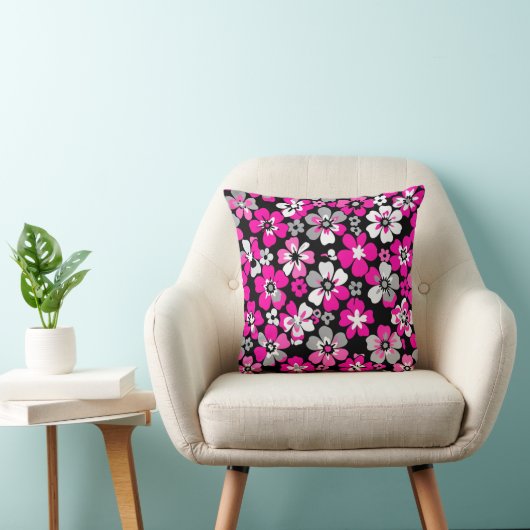 Floral Pattern Pink Grey White Black Cushion Kissen (Stuhl )