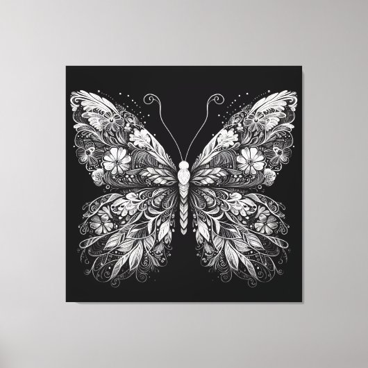 Floral Patterned Butterfly in White Ink Design Leinwanddruck (Vorderseite)