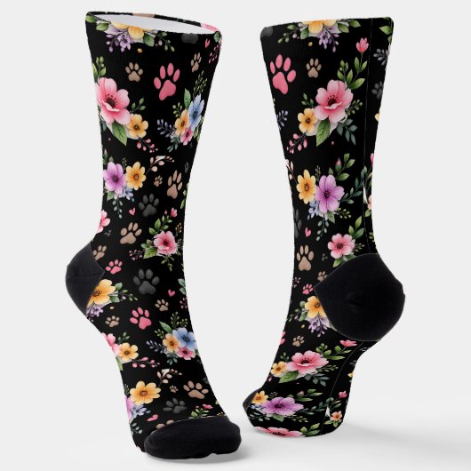 Floral & Paw Print Pattern Socks – Cute Pastel Pet Socken (Gewinkelt)
