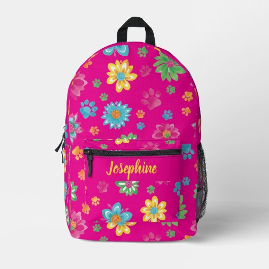 Floral Paw Print Rucksack mit Individuelle Name (Vorderseite)