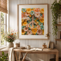 Floral Peace Symbol Art Poster - Retro 60er Blume