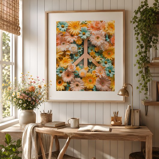 Floral Peace Symbol Art Poster - Retro 60er Blume
