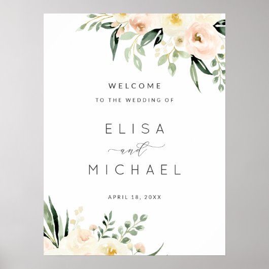 Floral Peach Blush Minimal Modern Wedding Sign Poster (Vorne)