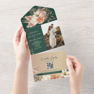 Floral Peach Emerald Green Wedding All In One Einladung