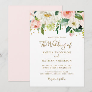 Floral Peach Pink Gold Confetti Wedding Einladung