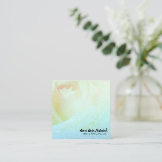 *~* Floral Peach Rose Glitzer Aqua Business Card Quadratische Visitenkarte (Stehend Vorderseite)
