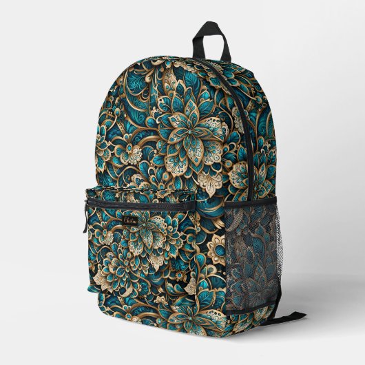 Floral Peacock Blue Mandala Bedruckter Rucksack (Rückseitige Ecke Rechts)