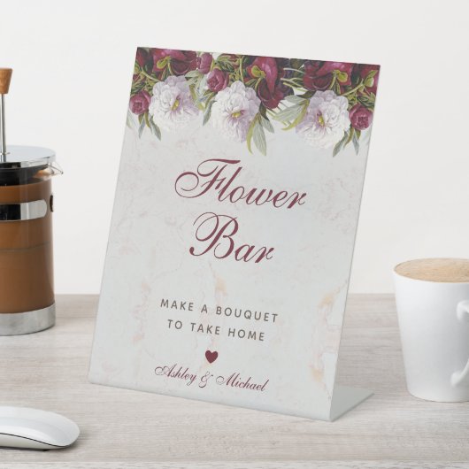 Floral Peonies Marble Elegante Script-Blume-Bar Sockelschild (In SItu)