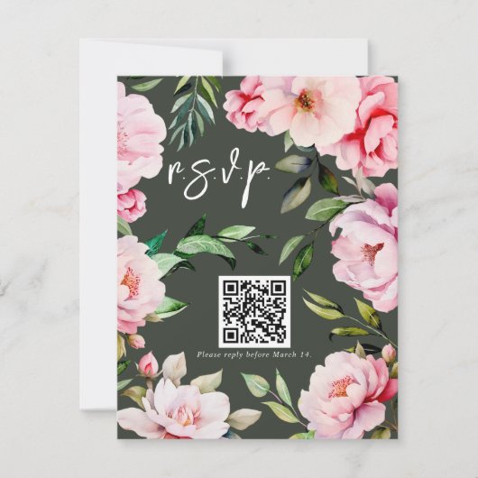 Floral Peony Magnolia Green Wedding QR RSVP Karte (Vorderseite)